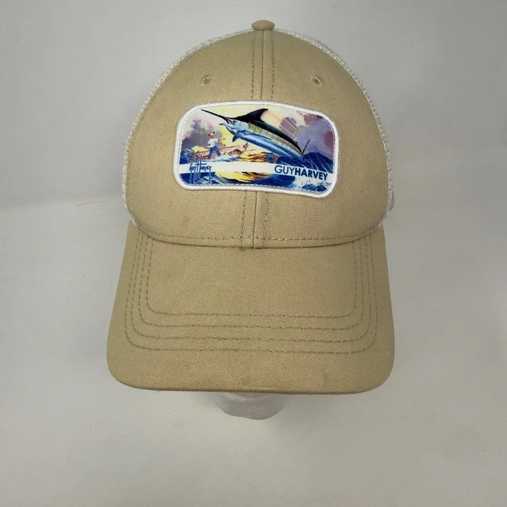 Guy Harvey Marlin Patch Trucker Hat Tan Cayman Islands Snapback Mesh Cap‎ Mens